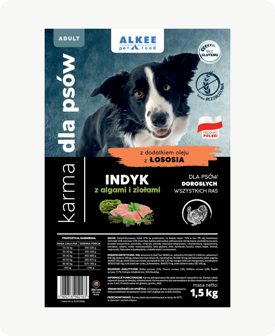 Indyk z ziołami i algami dla dorosłych psów wszystkich ras  1,5 kg