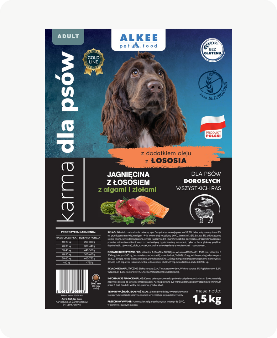 Jagnięcina z łososiem algami i ziołami dla dorosłych psów wszystkich ras 1,5 kg
