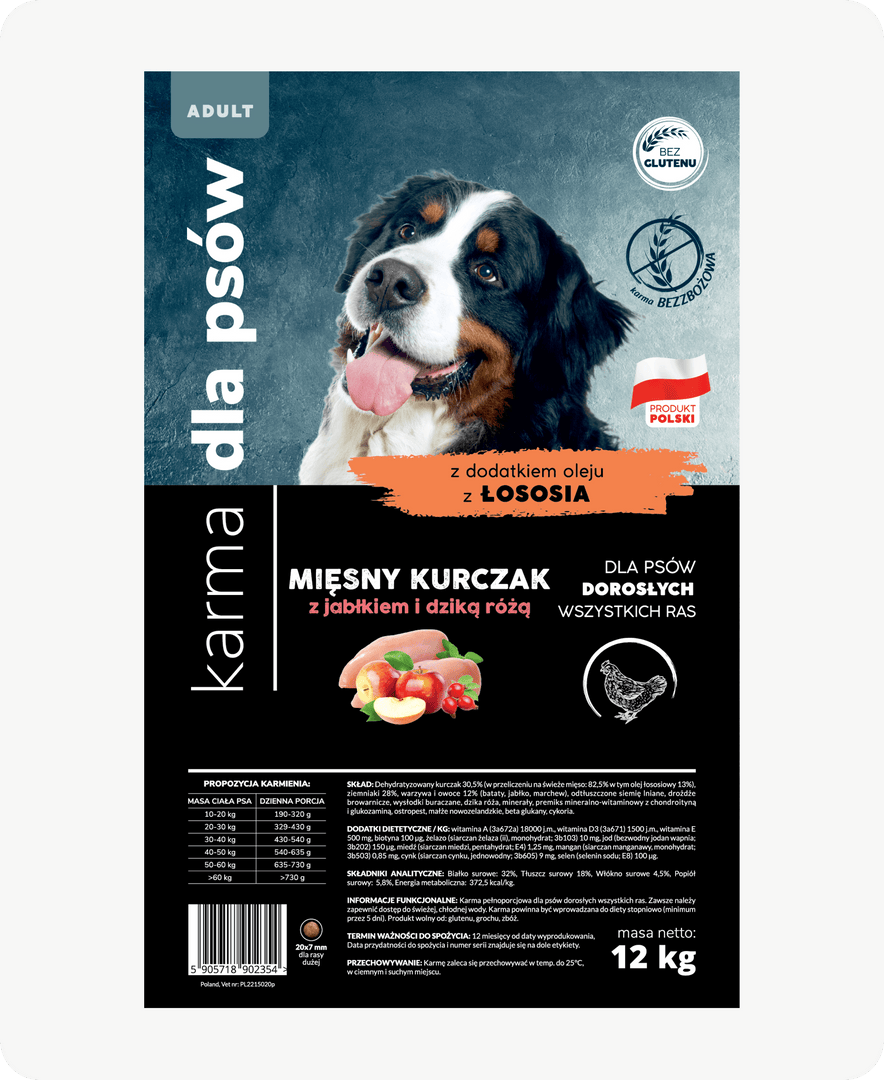 Mięsny kurczak z jabłkiem i dziką różą dla dorosłych psów wszystkich ras 12 kg