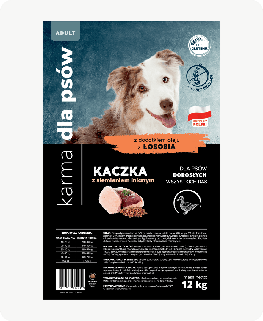 Kaczka z siemieniem lnianym dla dorosłych psów wszystkich ras 12 kg