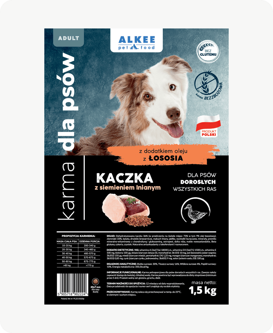 Kaczka z siemieniem lnianym dla dorosłych psów wszystkich ras  1,5 kg