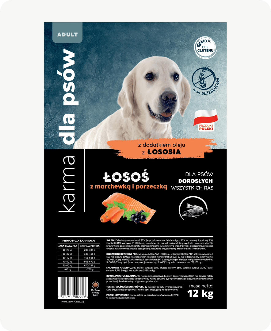 Łosoś z marchewką i porzeczką dla dorosłych psów wszystkich ras 12 kg
