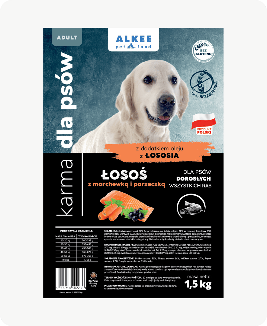 Łosoś z marchewką i porzeczką dla dorosłych psów wszystkich ras 1,5 kg