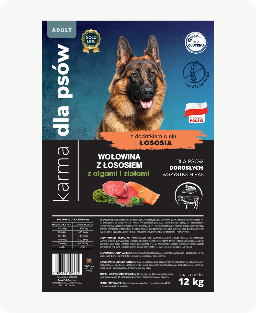 Wołowina z łososiem algami i ziołami dla psów dorosłych wszystkich ras 12 kg