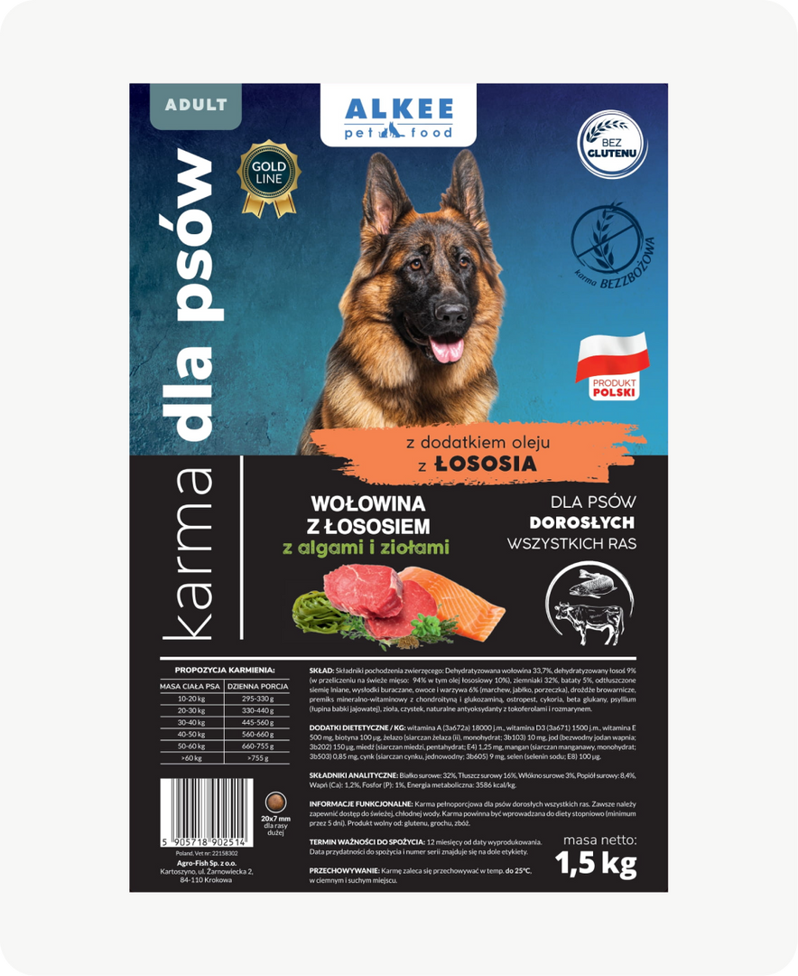 Wołowina z łososiem algami i ziołami dla psów dorosłych wszystkich ras 1,5 kg